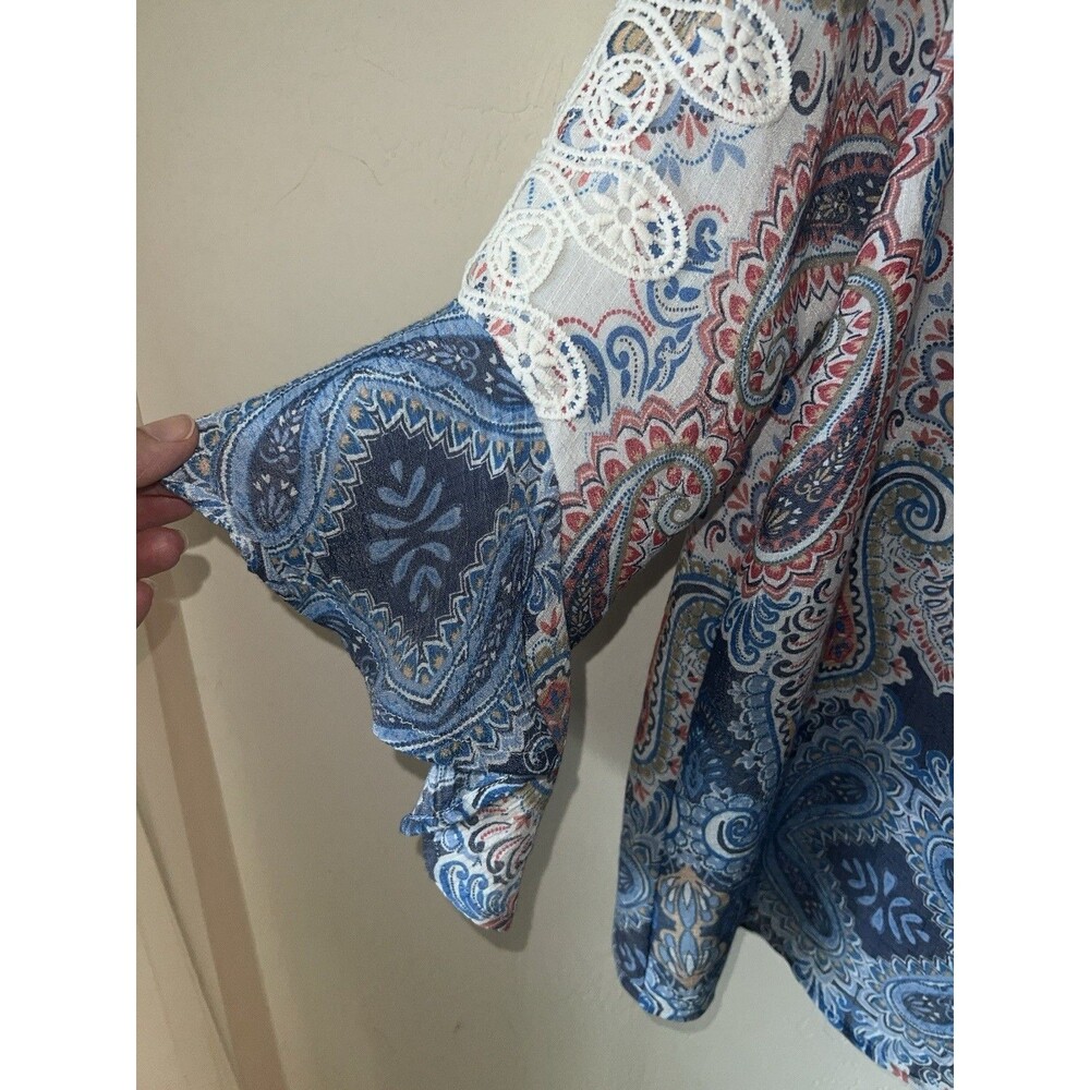FRYE & CO Blouse Womens M Blue Paisley Chiffon Belle Sleeve Babydoll Top Boho - Picture 8 of 9